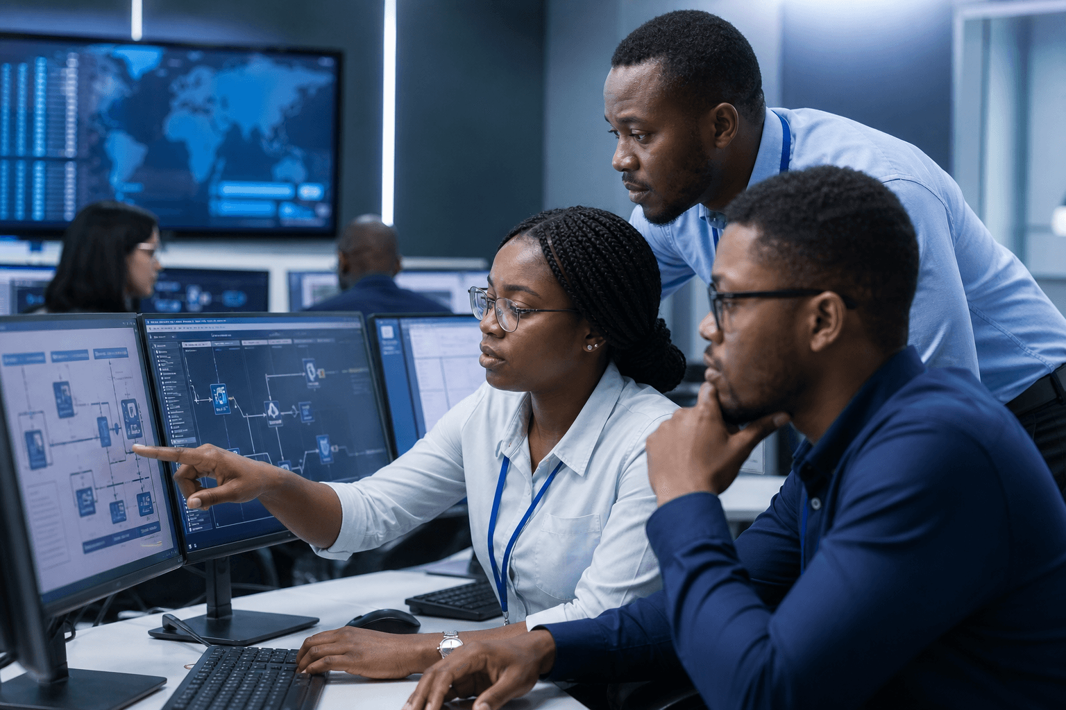 Diverse security operations team including Nigerian engineers reviewing secure infrastructure controls.