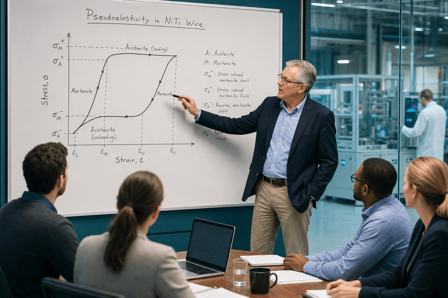Engineering reviewer pointing at a pseudoelastic stress-strain hysteresis plot on a board