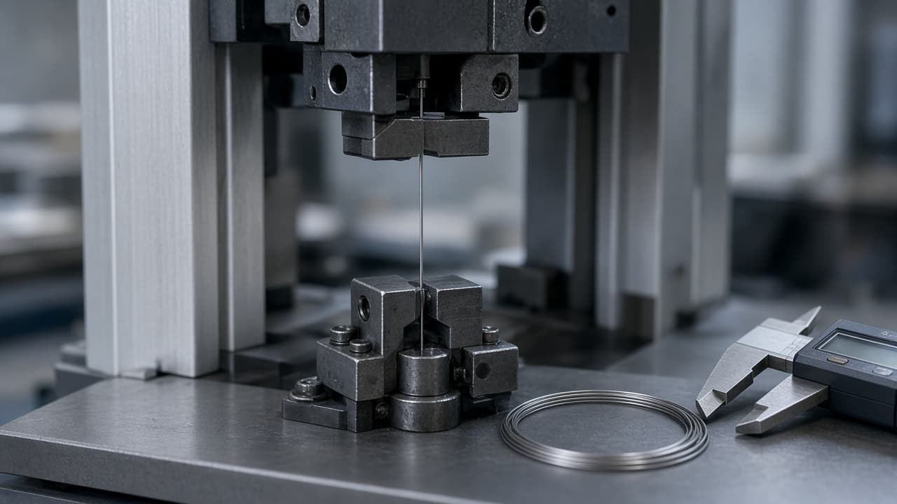 Thin metal wire held in a tensile test frame beside a coil and caliper